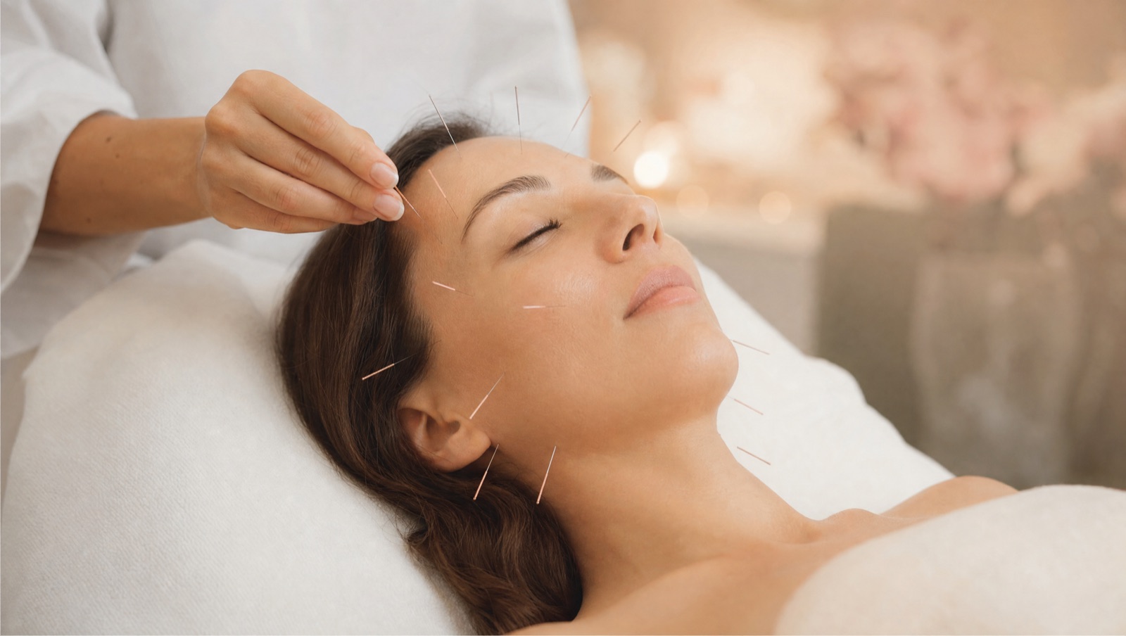 Cosmetic acupuncture treatment with fine needles placed gently across the face
