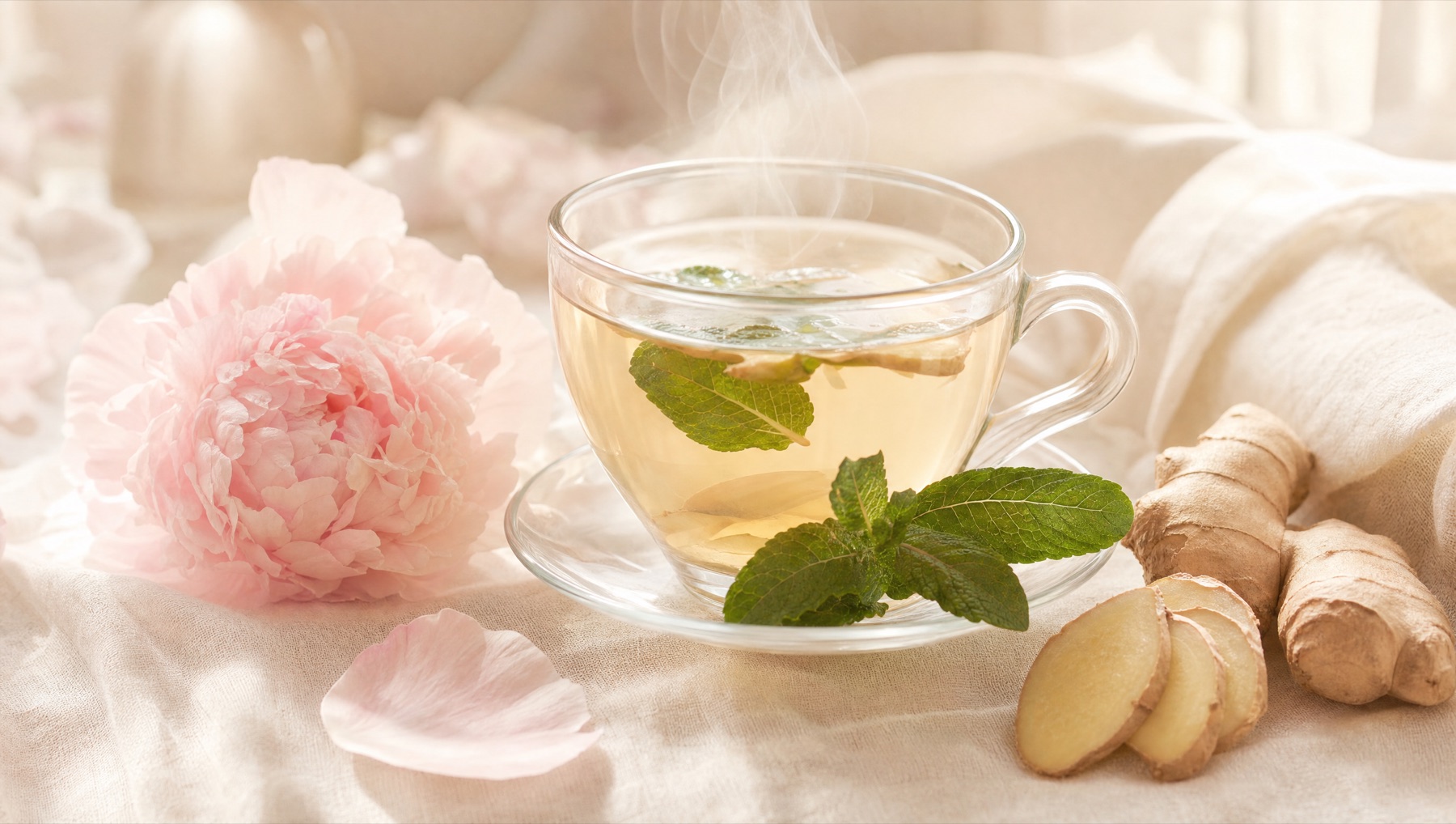Warm ginger and peppermint herbal tea — a soothing companion to digestive wellness