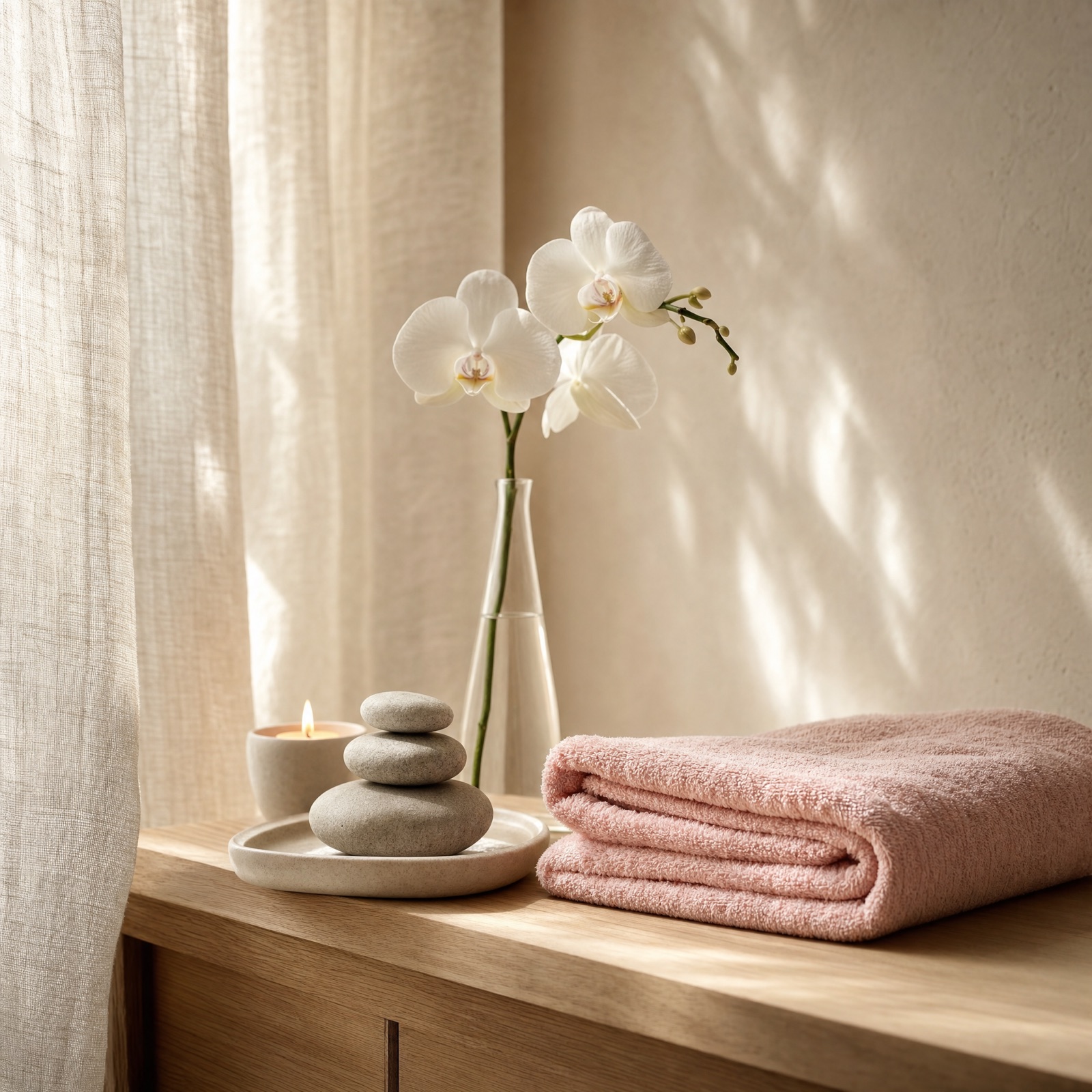 Zen wellness corner with orchid, river stones, candle and soft blush towel at Horizon Wellness